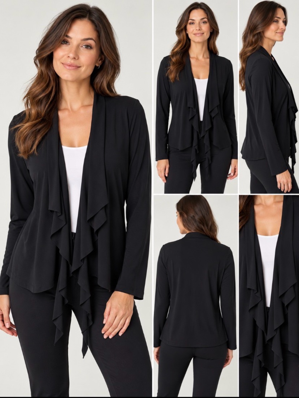 Sympli Black Waterfall Ruffle Cardigan Jacket Size 16 Made in Canada